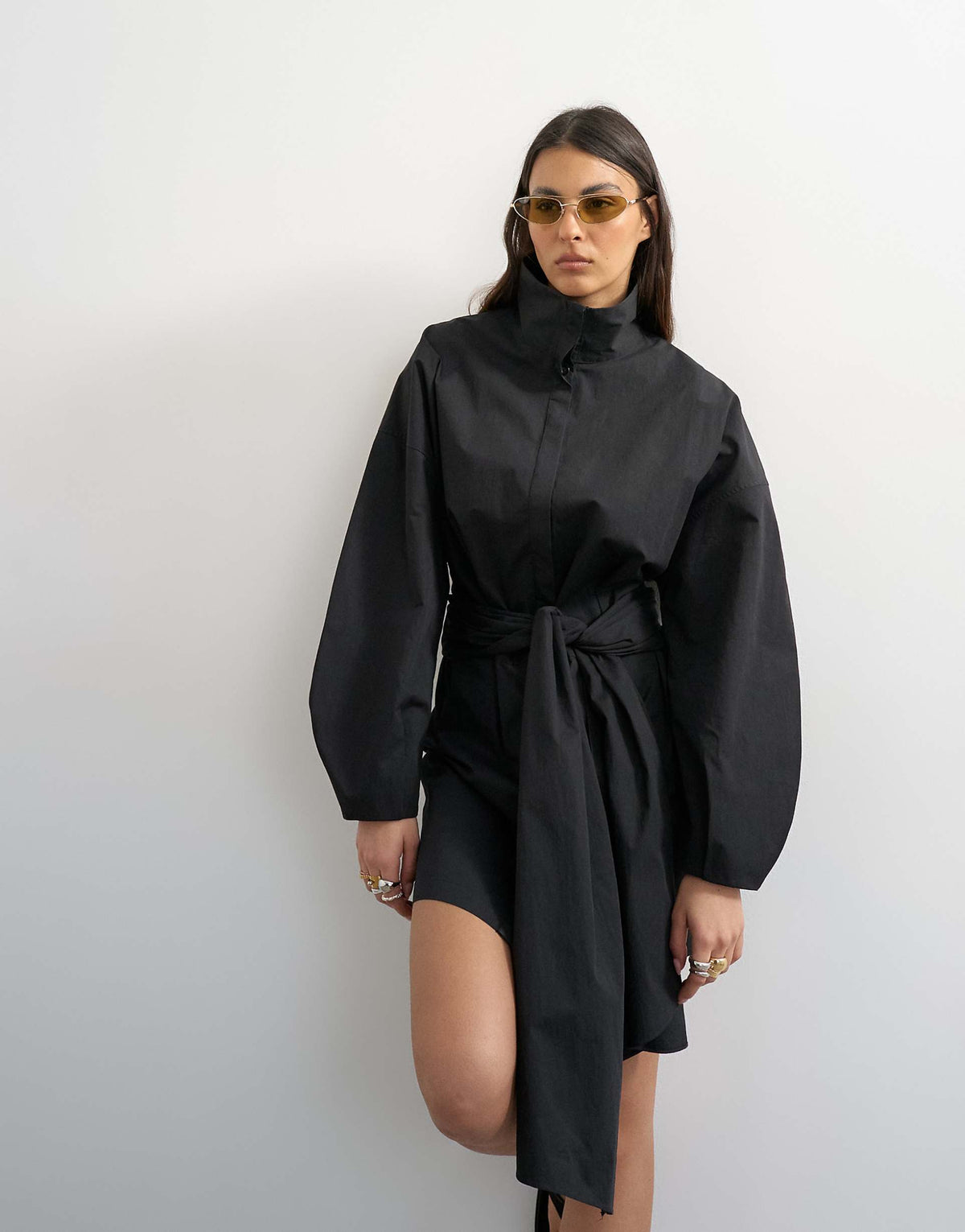 Topshop long sleeve funnel neck shirt dress with wrap detail in charcoal gray
