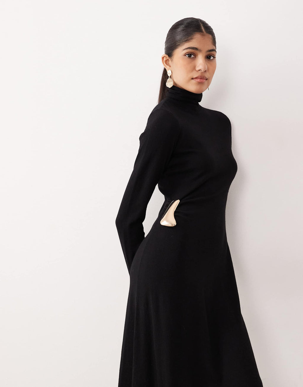 Mango high neck long sleeve maxi dress with hardware detail in black