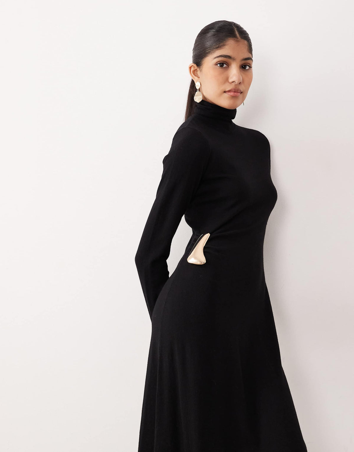 Mango high neck long sleeve maxi dress with hardware detail in black