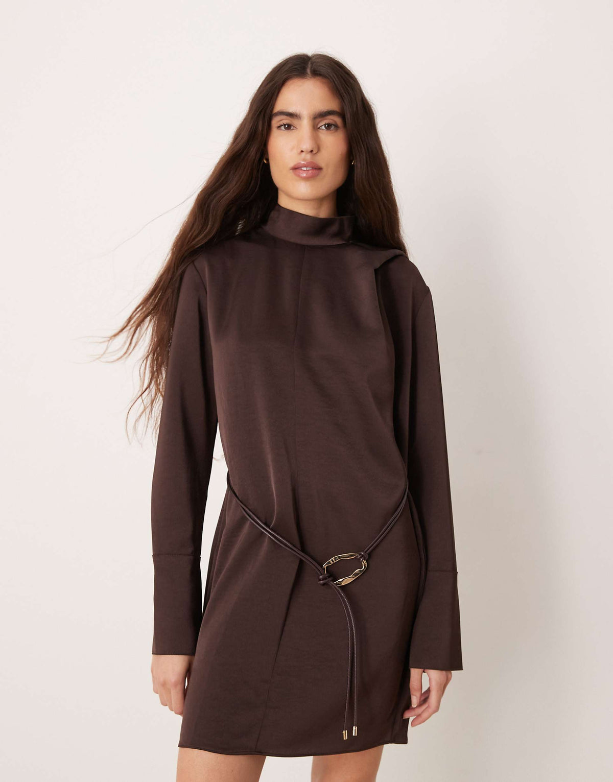 Mango tie neck long sleeve mini dress in chocolate