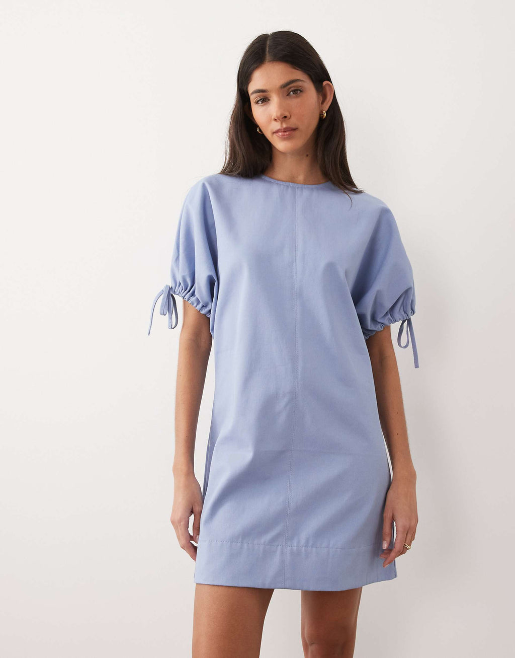 ASOS DESIGN crew neck mini dress with tie sleeve detailing in denim-wash blue