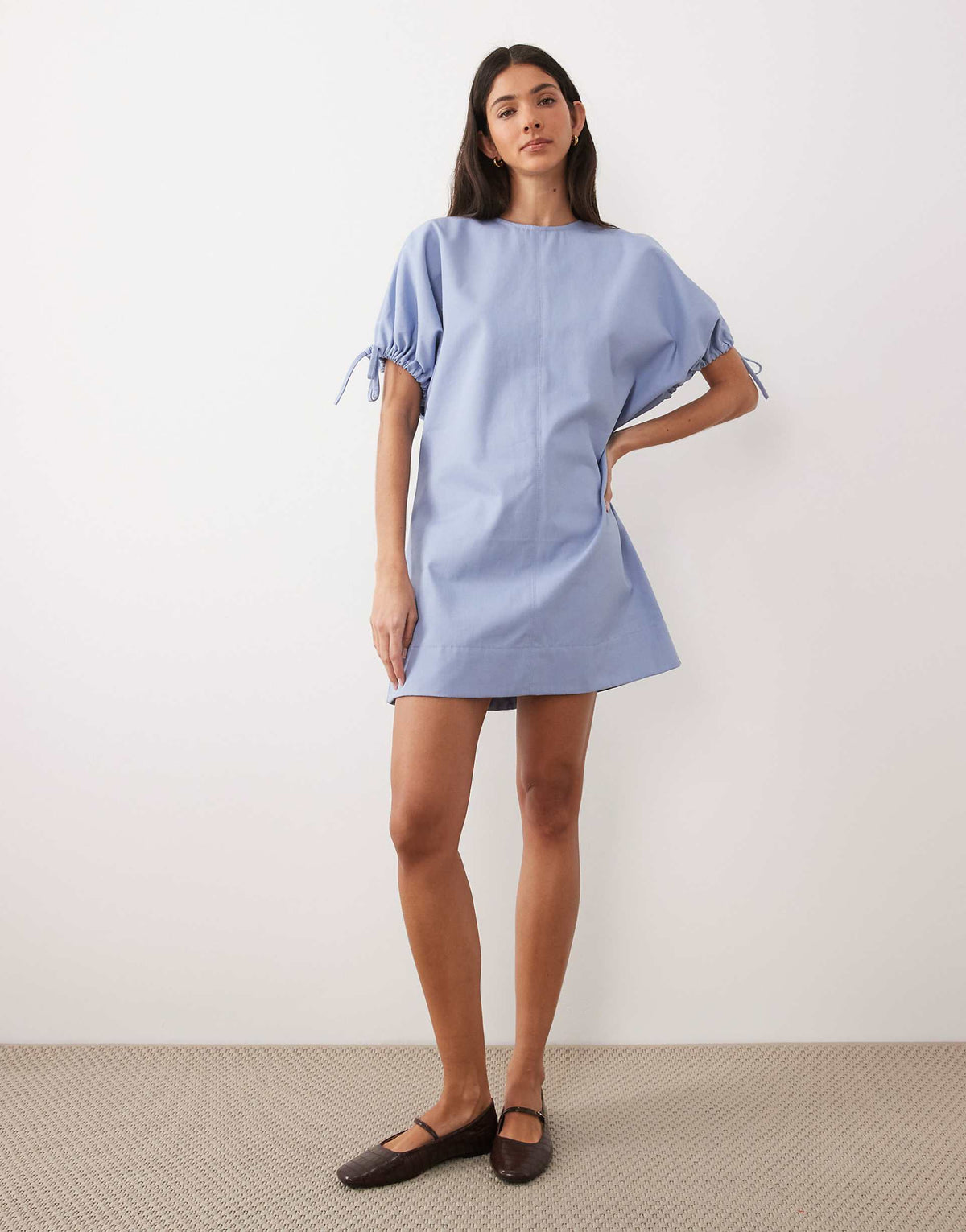 ASOS DESIGN crew neck mini dress with tie sleeve detailing in denim-wash blue