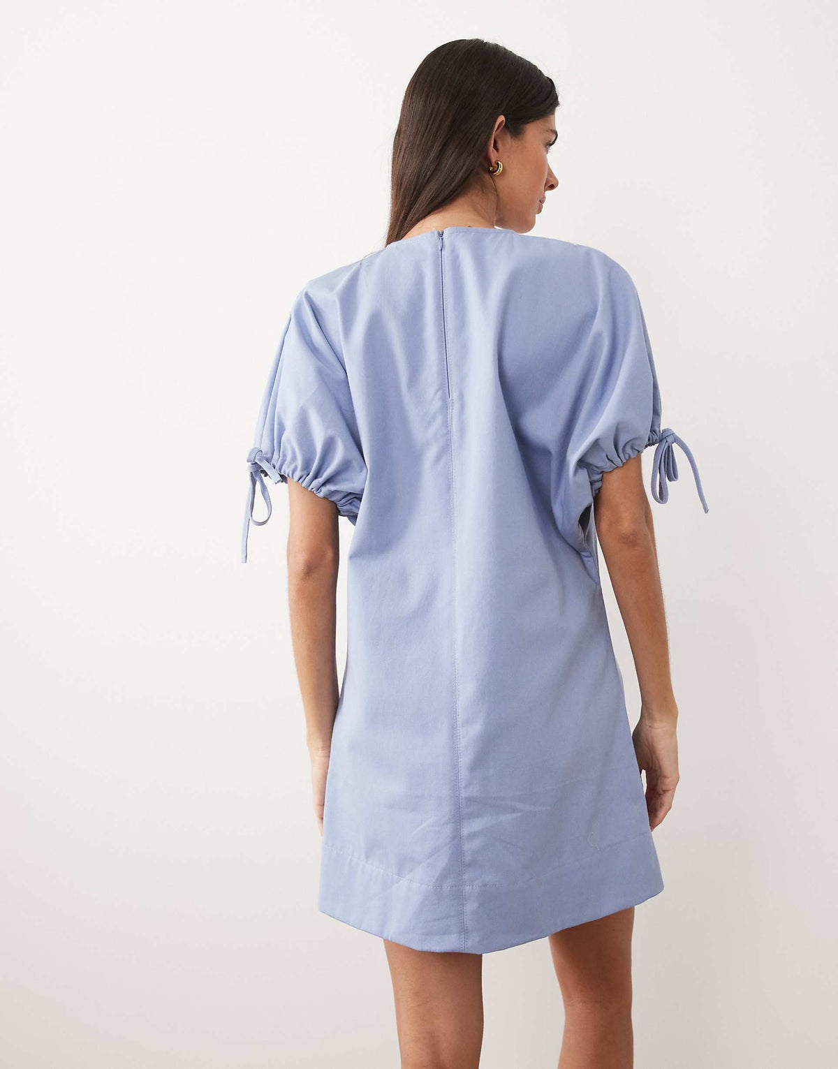 ASOS DESIGN crew neck mini dress with tie sleeve detailing in denim-wash blue