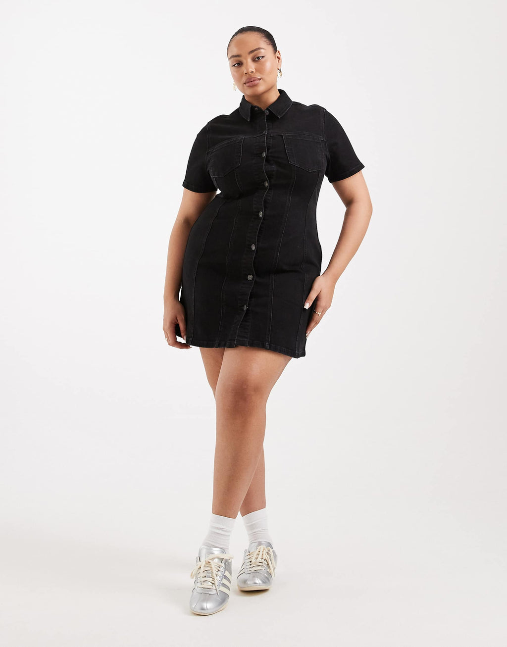 ASOS DESIGN Curve denim fitted mini shirt dress in black