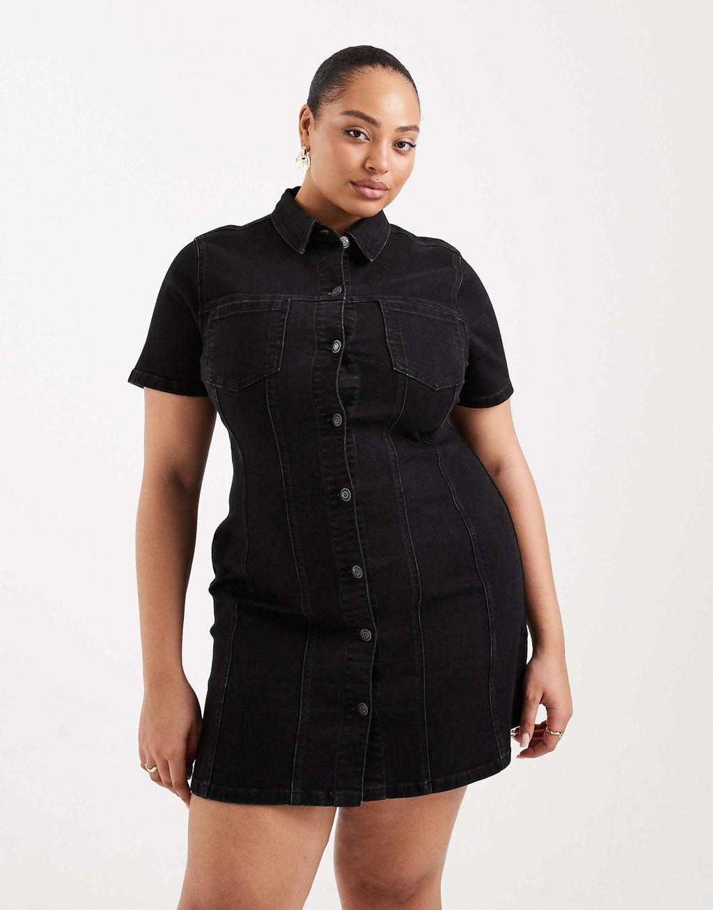ASOS DESIGN Curve denim fitted mini shirt dress in black