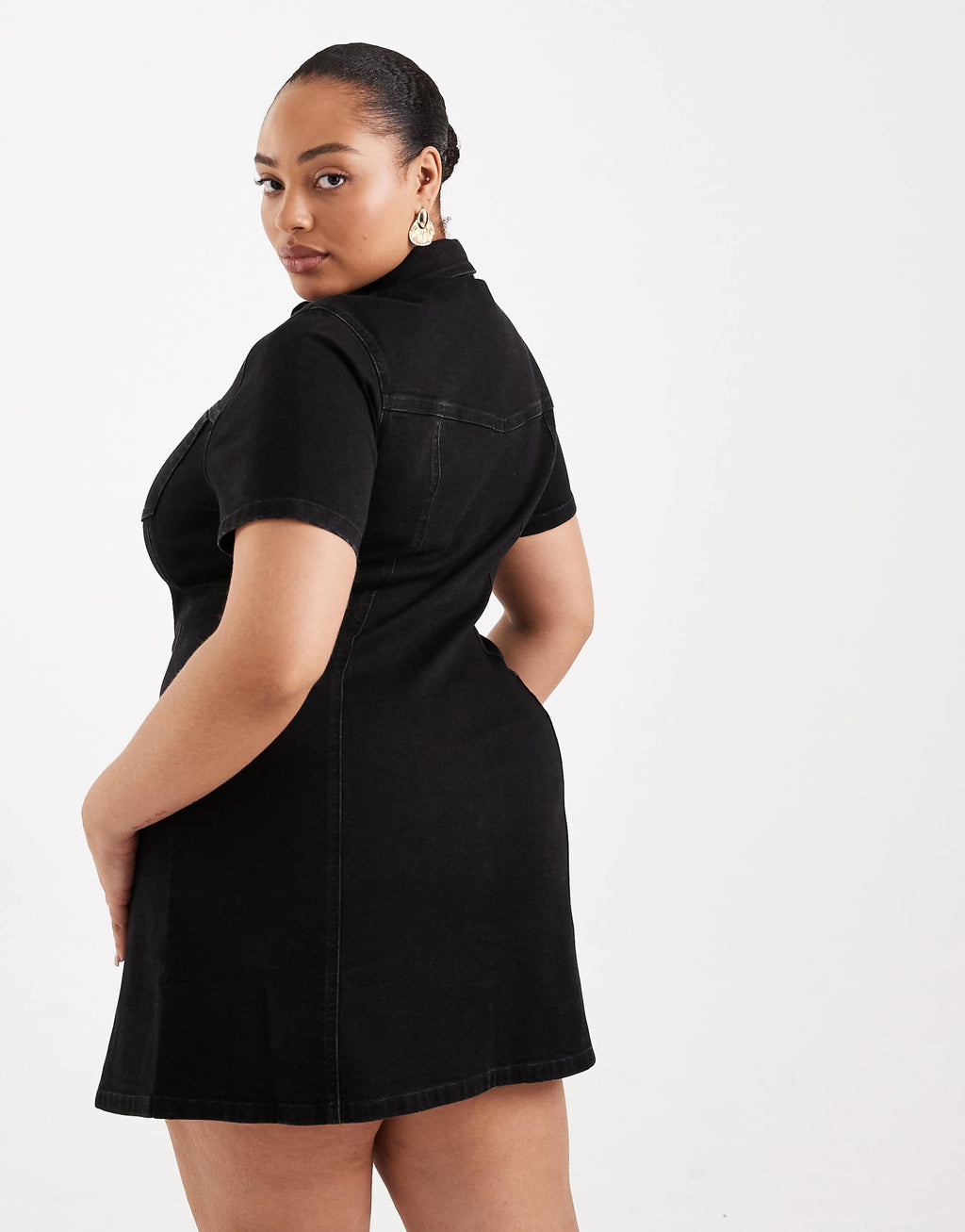 ASOS DESIGN Curve denim fitted mini shirt dress in black