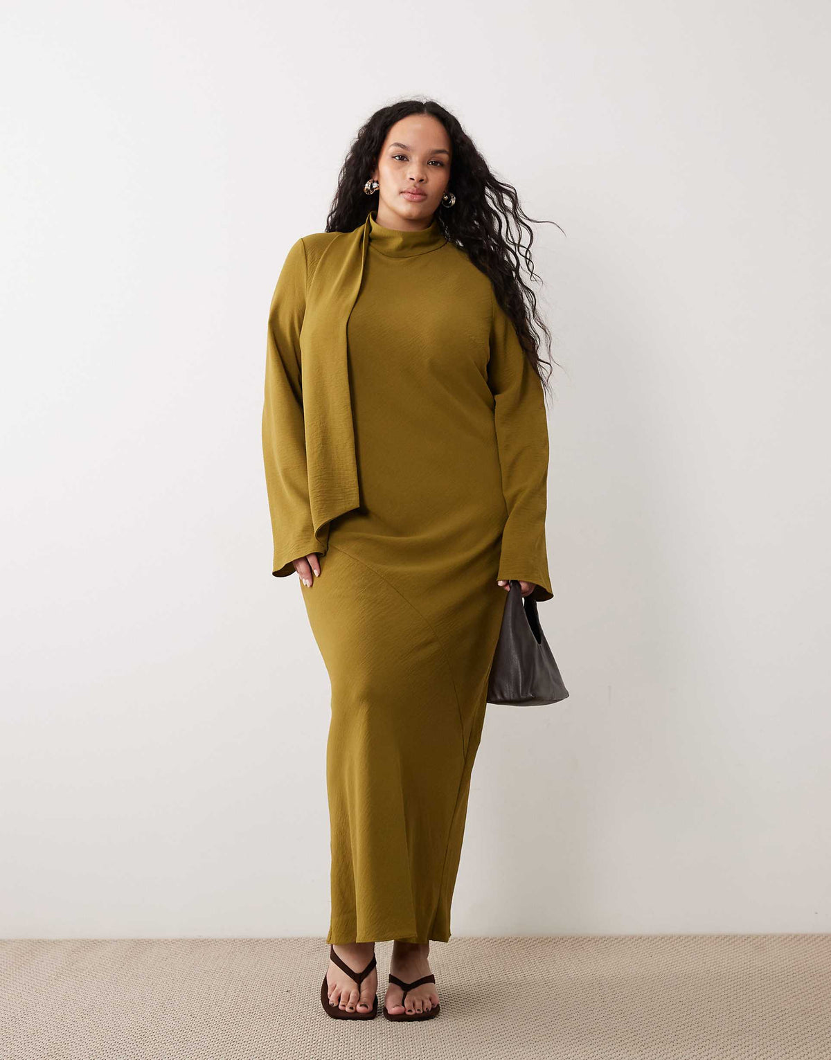 ASOS DESIGN Curve high neck scarf detail maxi dress in olive
