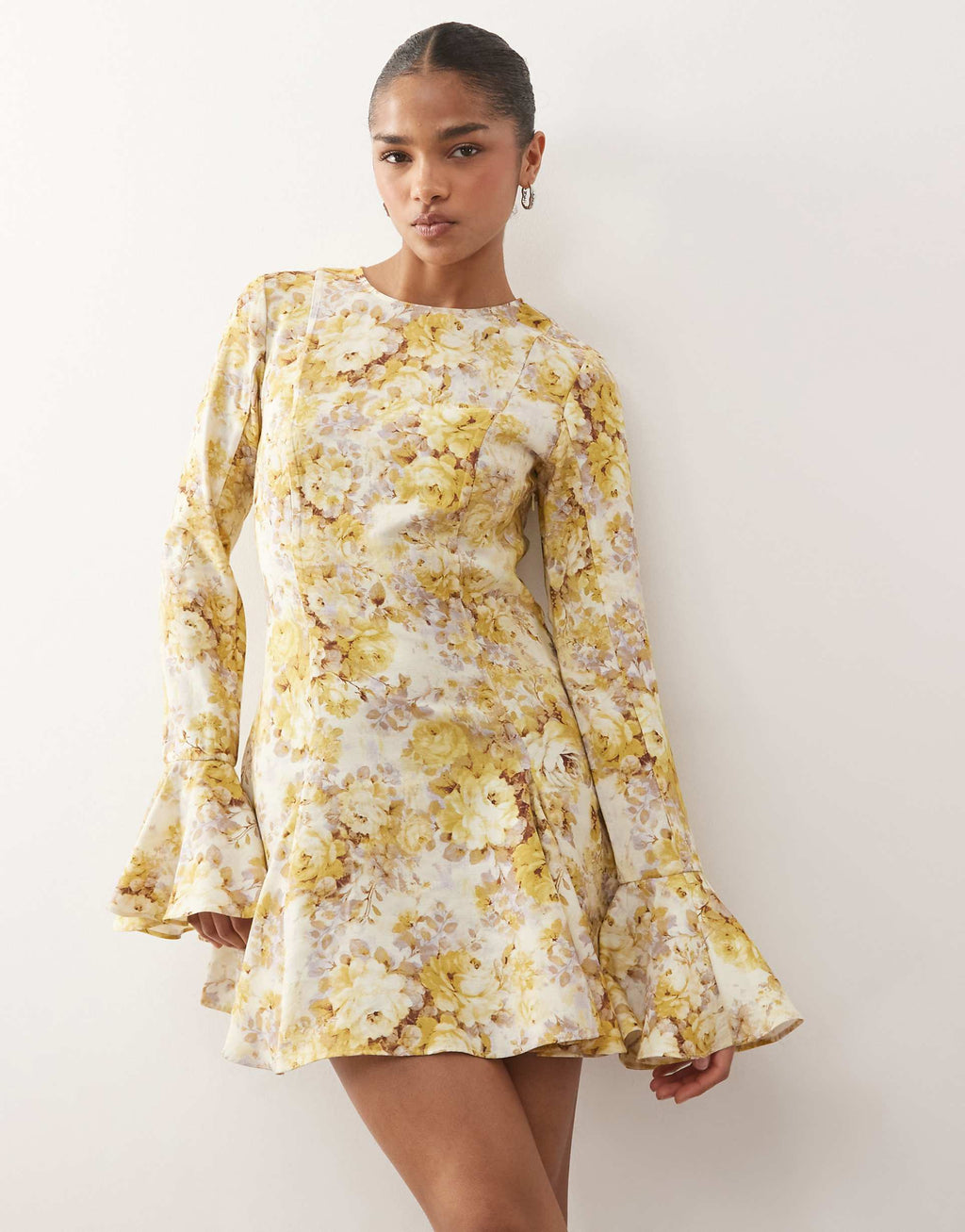 Monki floaty long sleeve mini dress in floral print