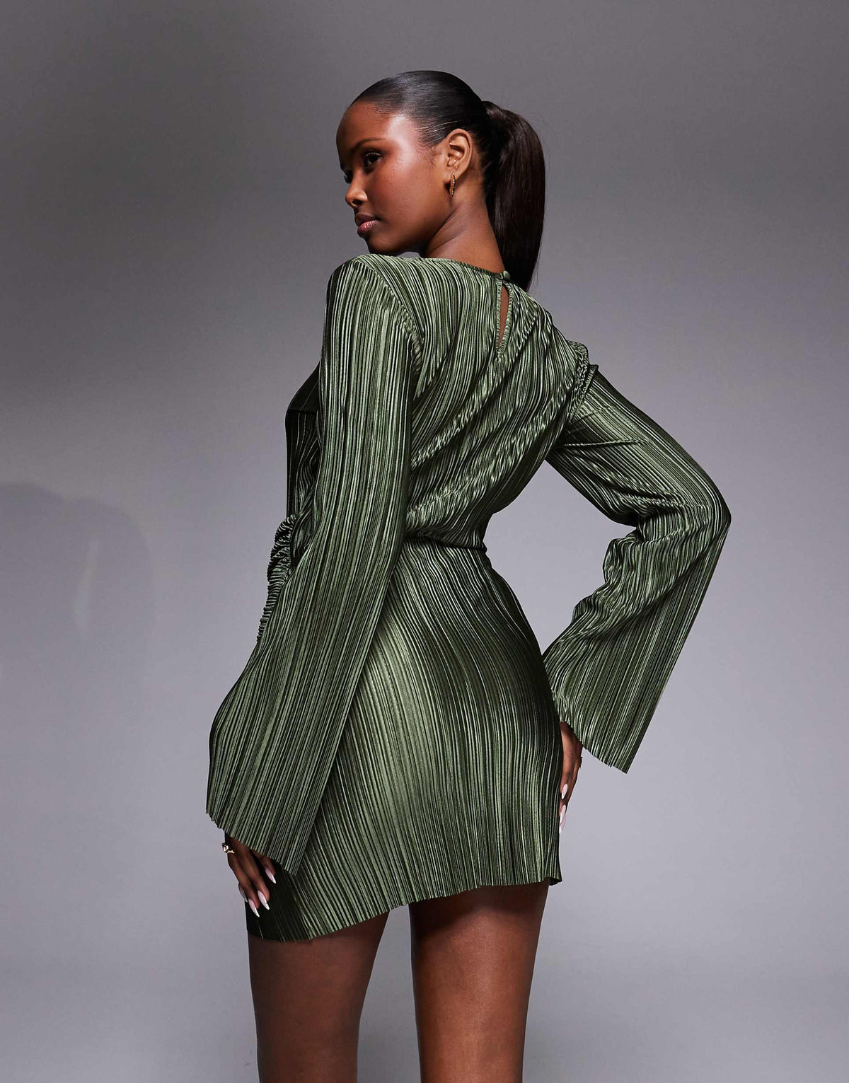 ASOS DESIGN plissé wrap front mini dress in khaki green