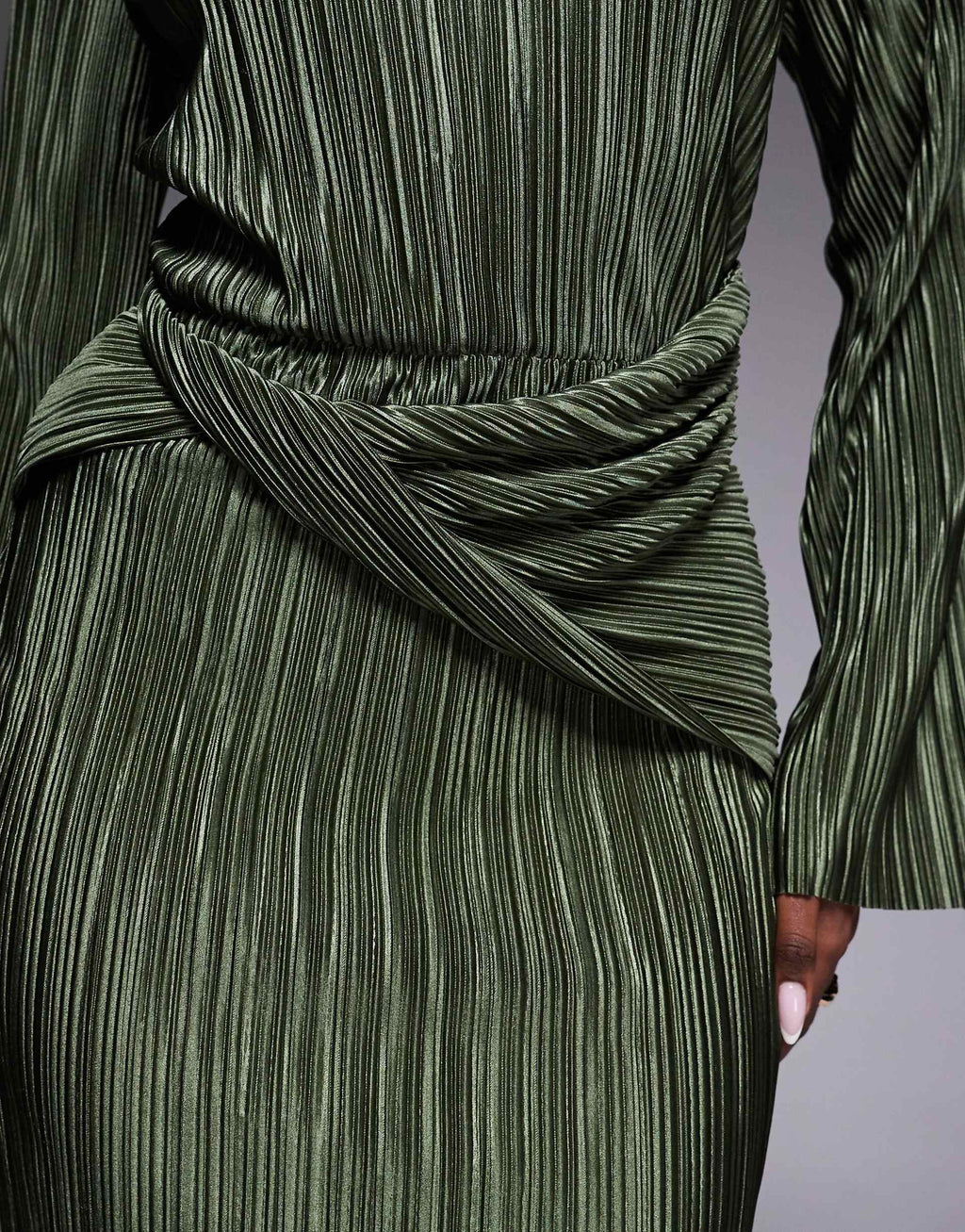 ASOS DESIGN plissé wrap front mini dress in khaki green