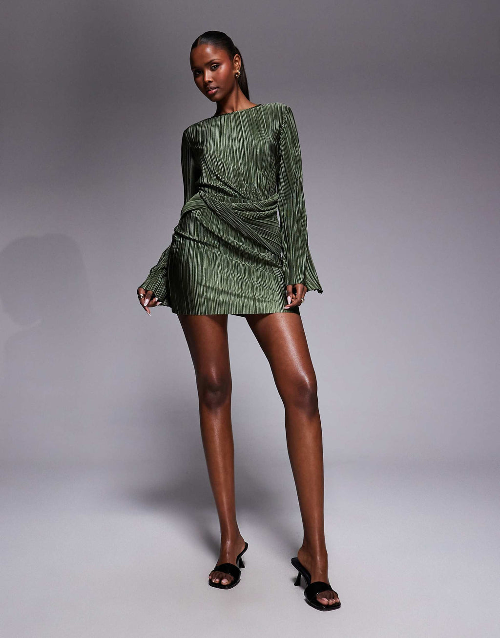 ASOS DESIGN plissé wrap front mini dress in khaki green