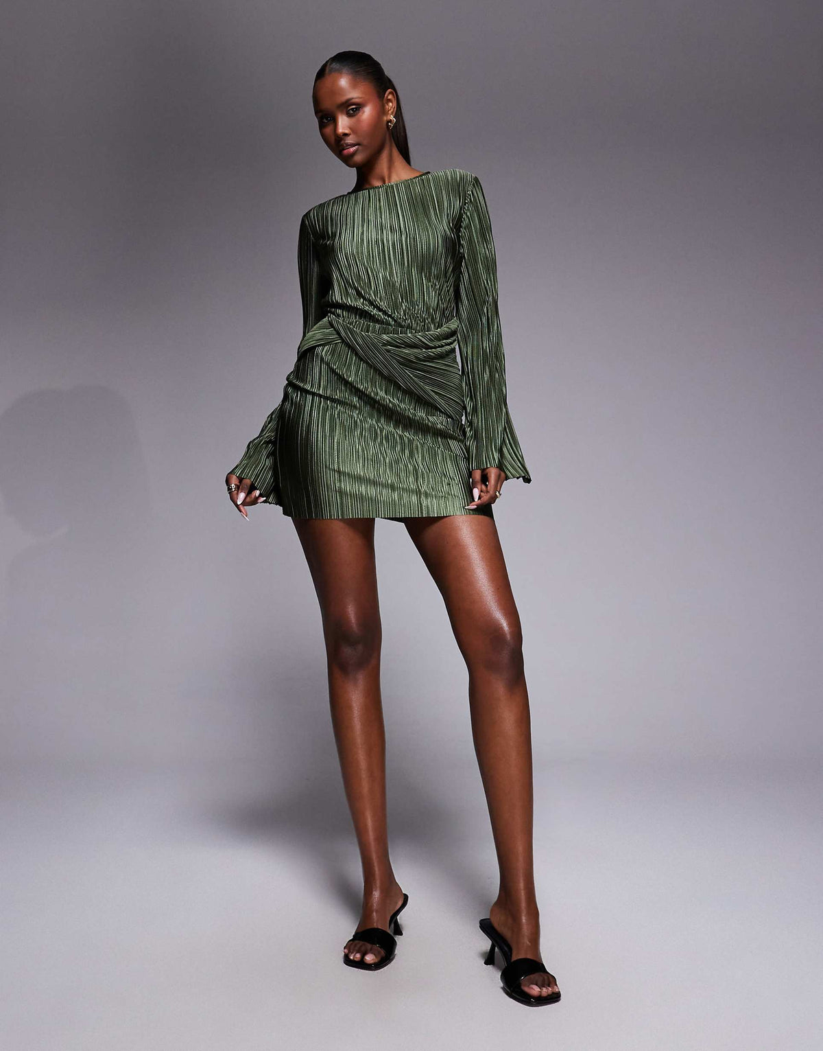 ASOS DESIGN plissé wrap front mini dress in khaki green