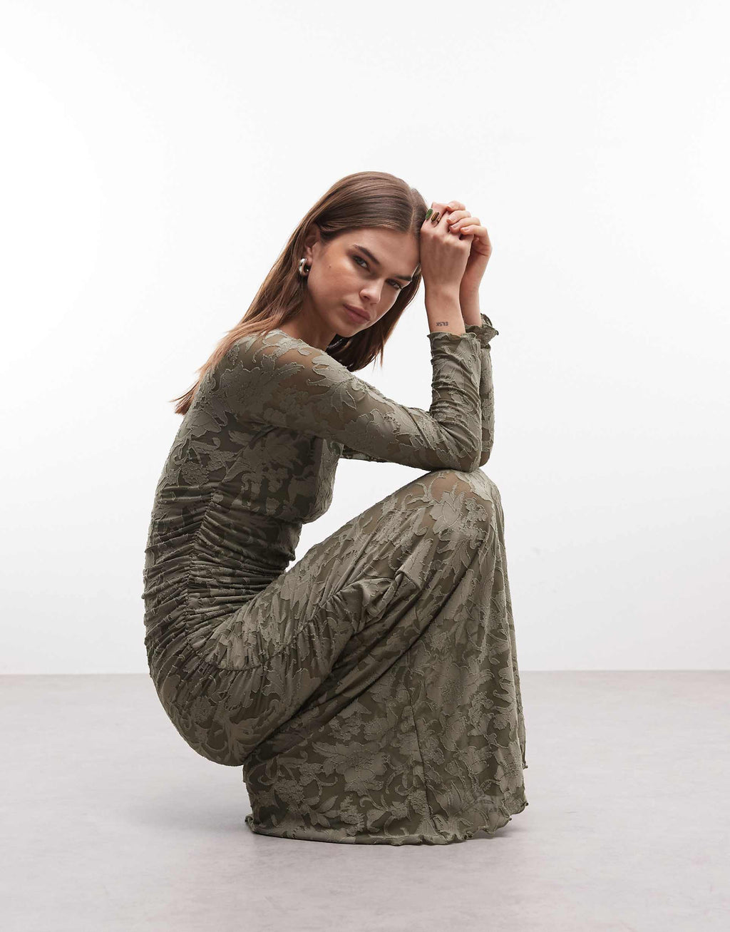 ASOS DESIGN devore long sleeve ruched maxi dress in khaki green
