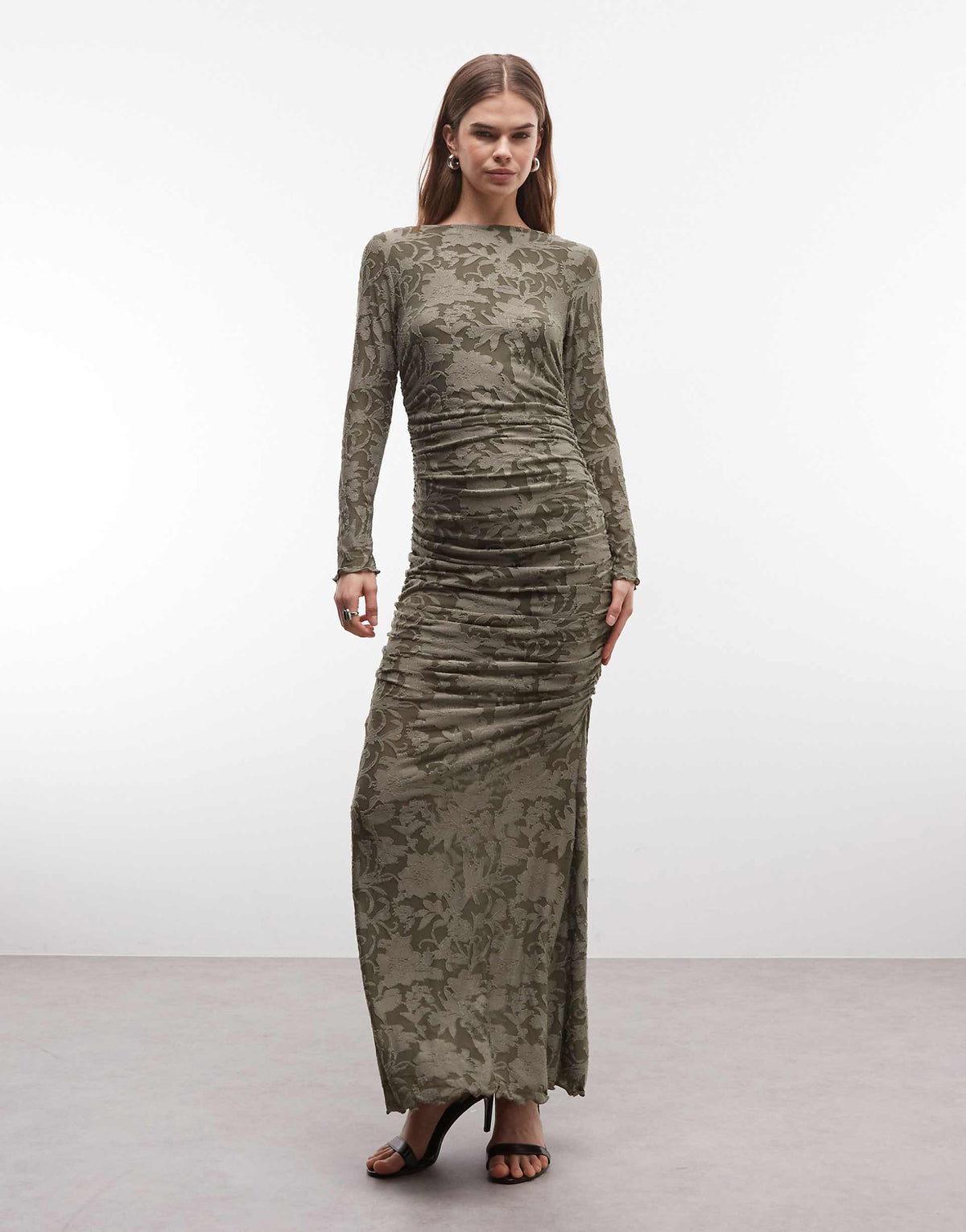 ASOS DESIGN devore long sleeve ruched maxi dress in khaki green