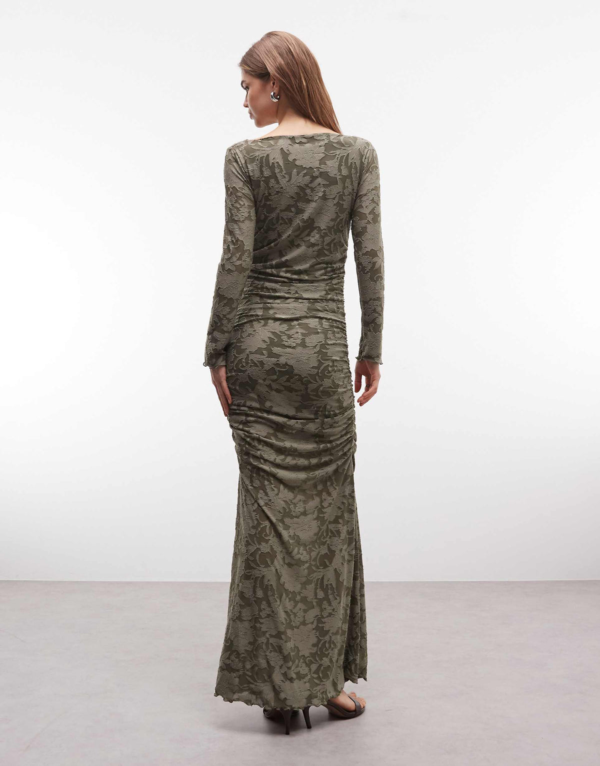 ASOS DESIGN devore long sleeve ruched maxi dress in khaki green