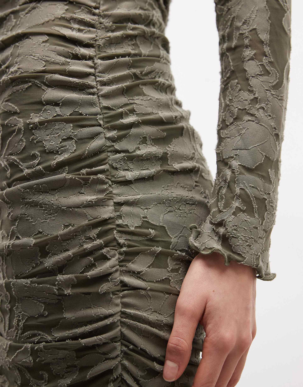 ASOS DESIGN devore long sleeve ruched maxi dress in khaki green
