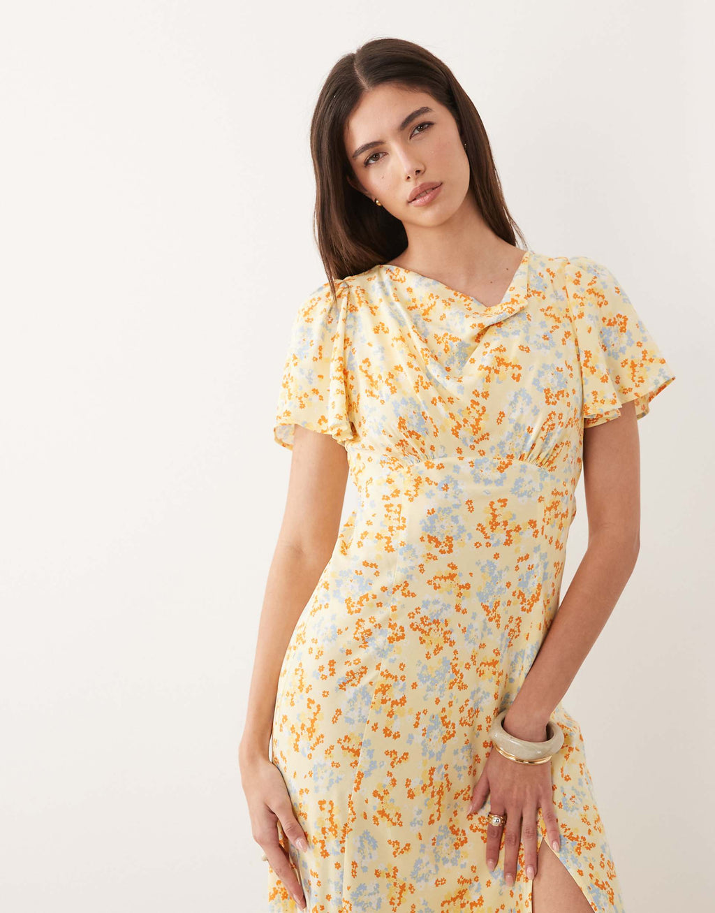 Nobody's Child Cheryl cowl neck flutter sleeve split detail midi dress in yellow floral