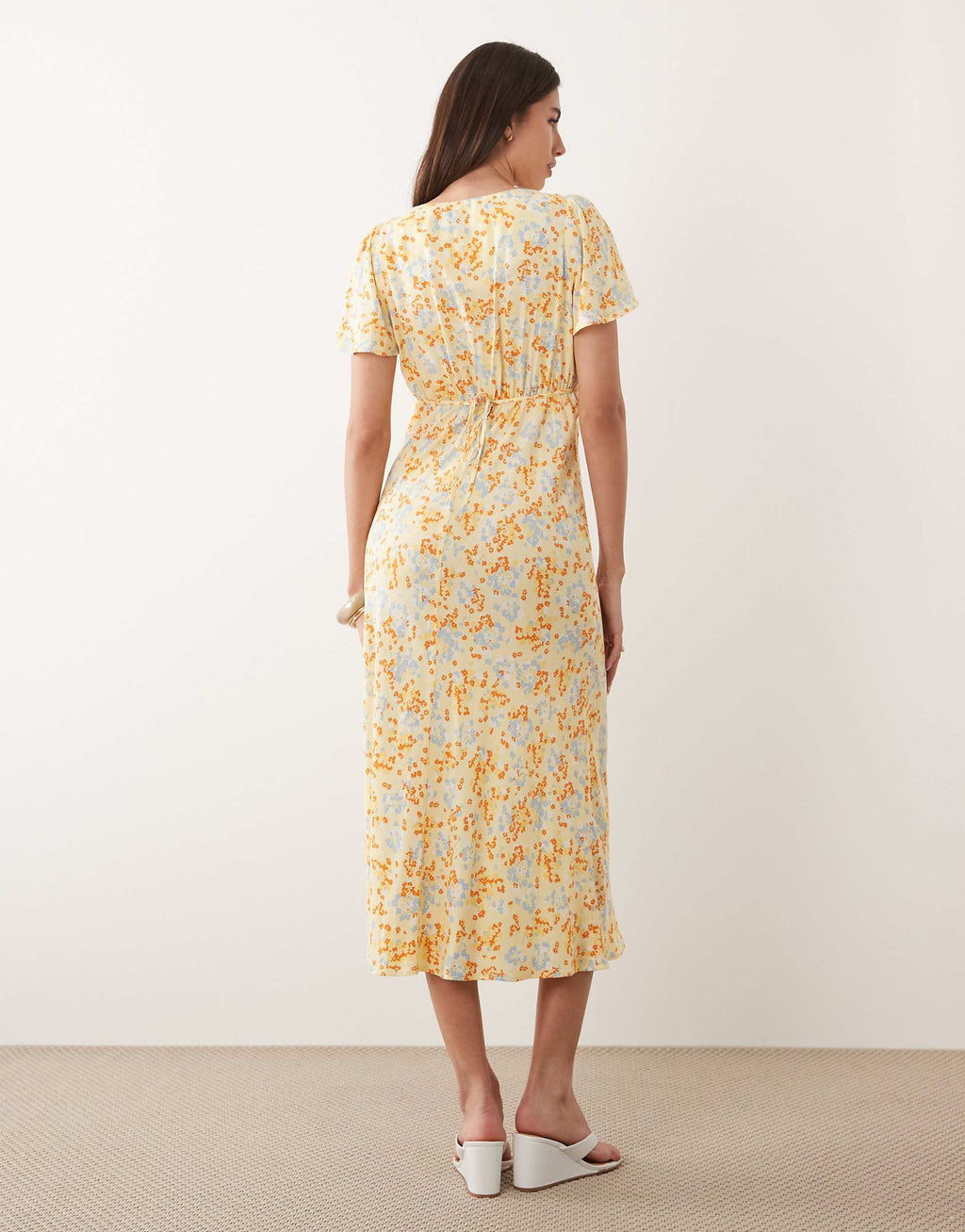 Nobody's Child Cheryl cowl neck flutter sleeve split detail midi dress in yellow floral
