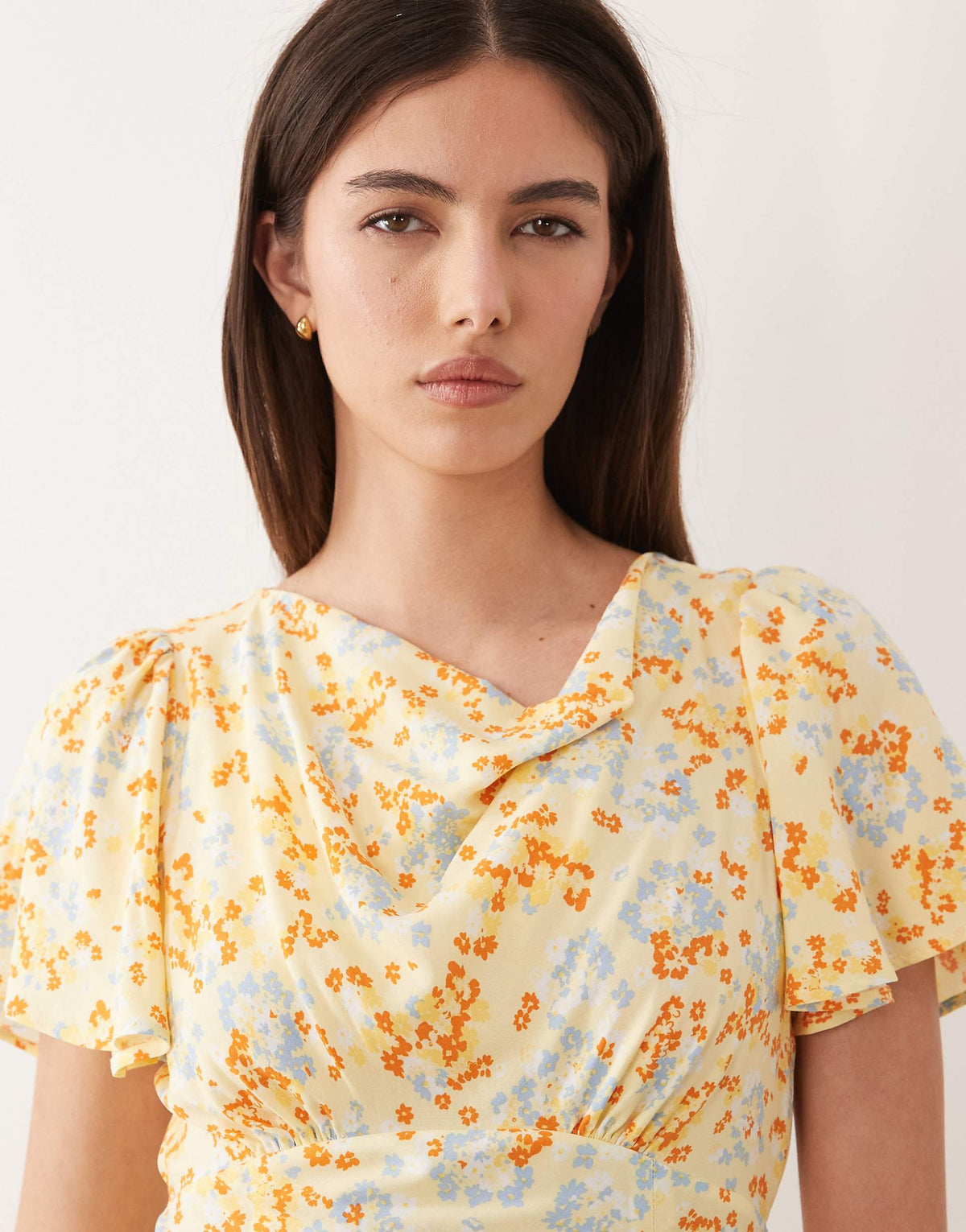 Nobody's Child Cheryl cowl neck flutter sleeve split detail midi dress in yellow floral