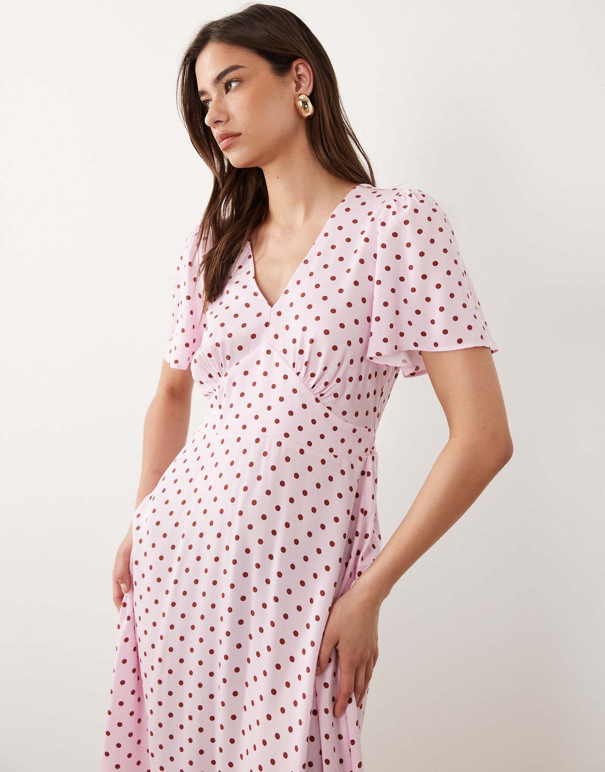 Nobody's Child Atlas v-neck short flutter sleeves midi dress in pink polka dot