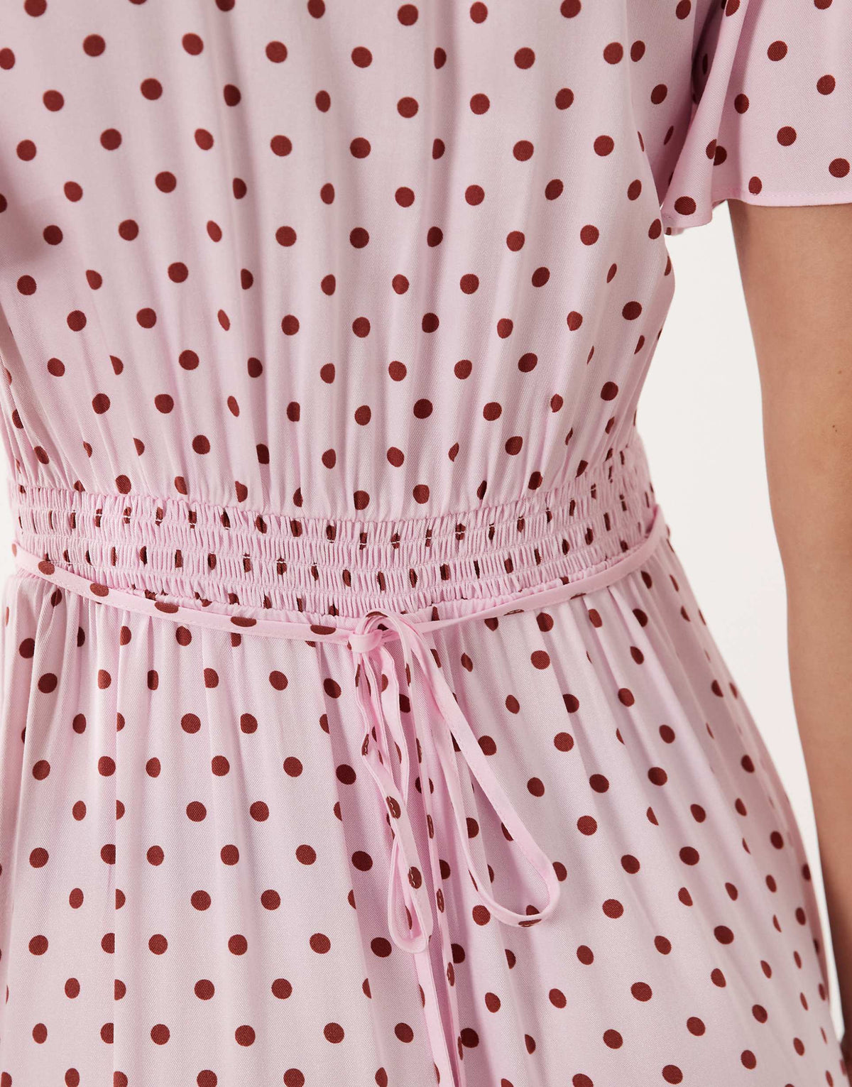 Nobody's Child Atlas v-neck short flutter sleeves midi dress in pink polka dot
