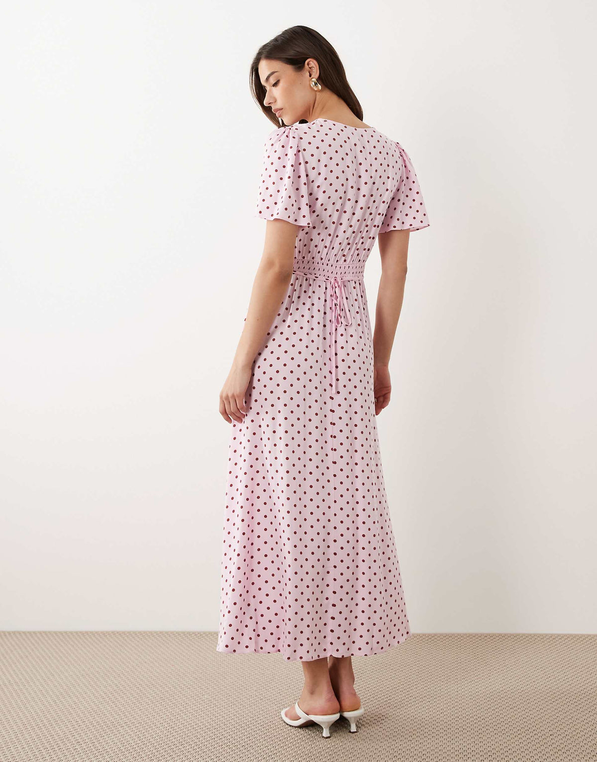 Nobody's Child Atlas v-neck short flutter sleeves midi dress in pink polka dot