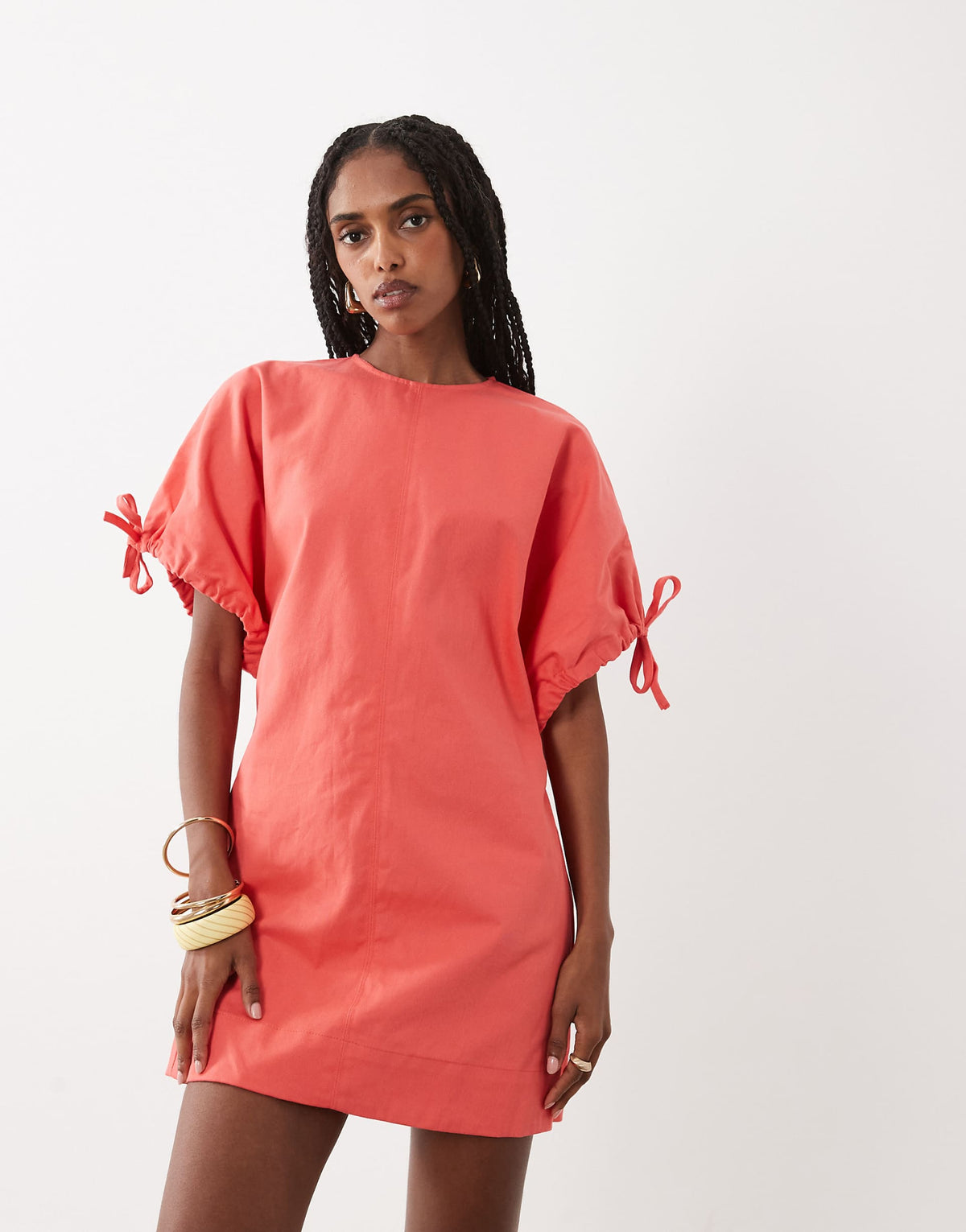 ASOS DESIGN crew neck mini dress with tie sleeve detail in coral