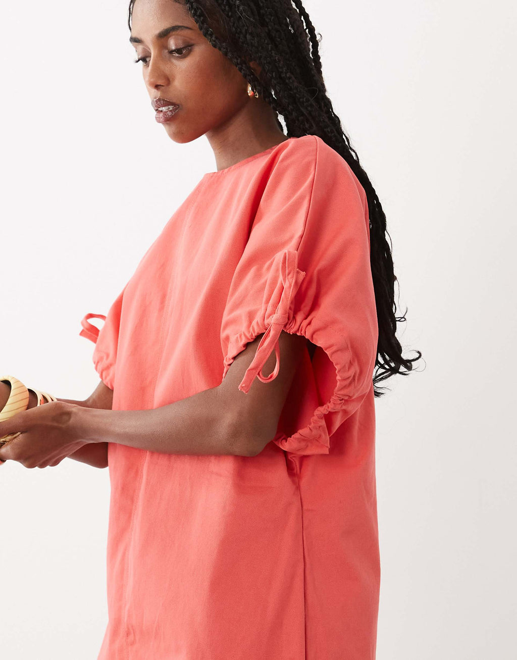 ASOS DESIGN crew neck mini dress with tie sleeve detail in coral