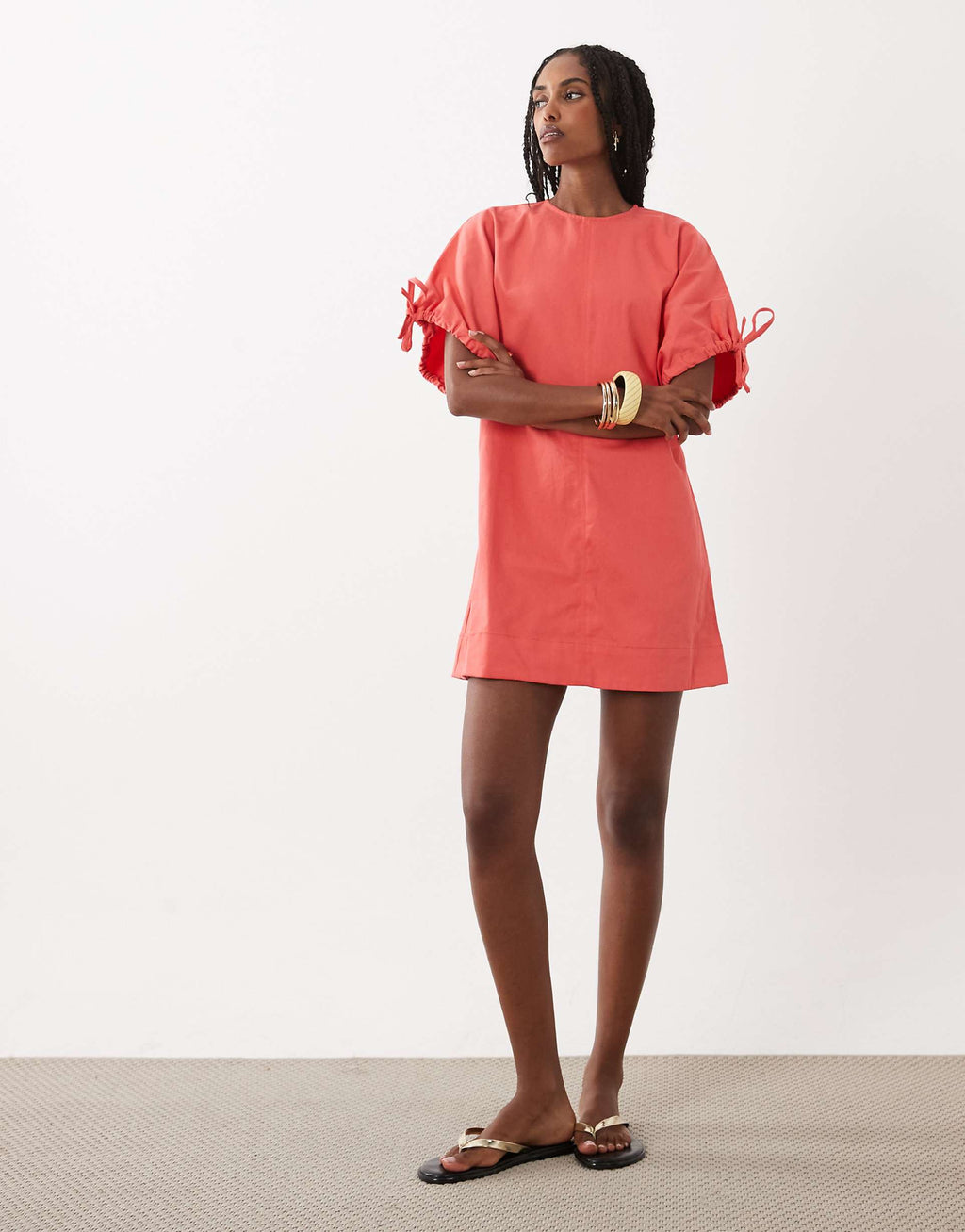 ASOS DESIGN crew neck mini dress with tie sleeve detail in coral