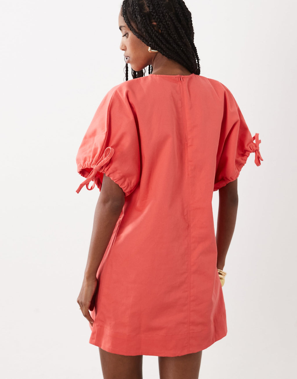 ASOS DESIGN crew neck mini dress with tie sleeve detail in coral