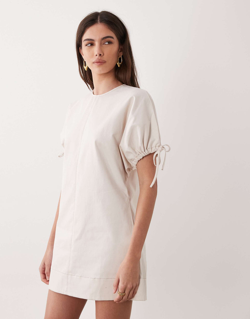 ASOS DESIGN crew neck mini dress with tie sleeve detailing in ivory