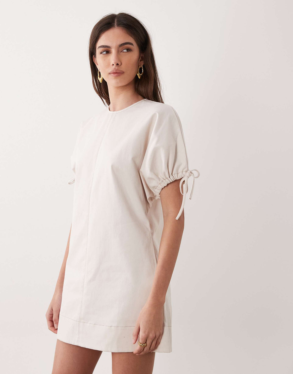 ASOS DESIGN crew neck mini dress with tie sleeve detailing in ivory