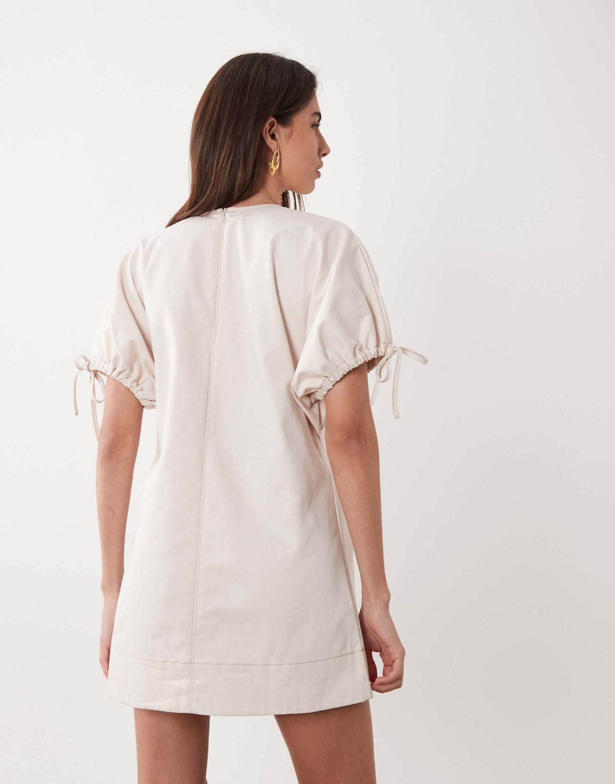 ASOS DESIGN crew neck mini dress with tie sleeve detailing in ivory