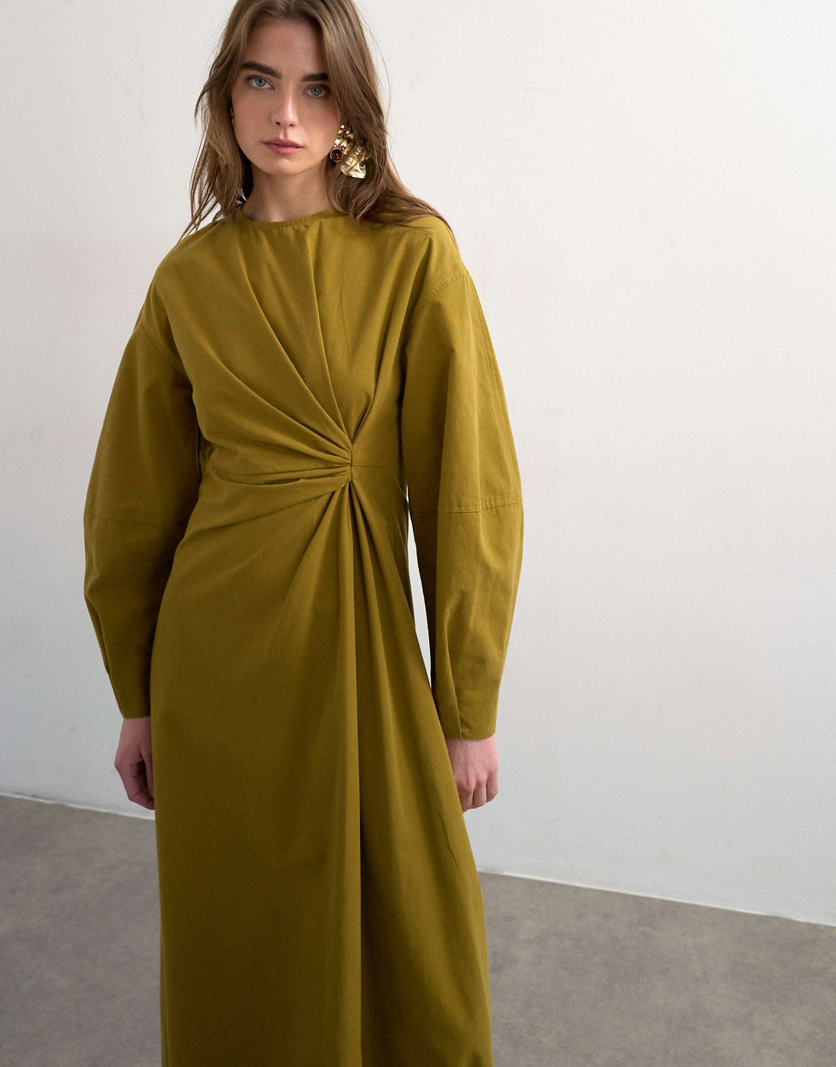 Topshop knot detail midi dress with asymmetric hem in khaki green