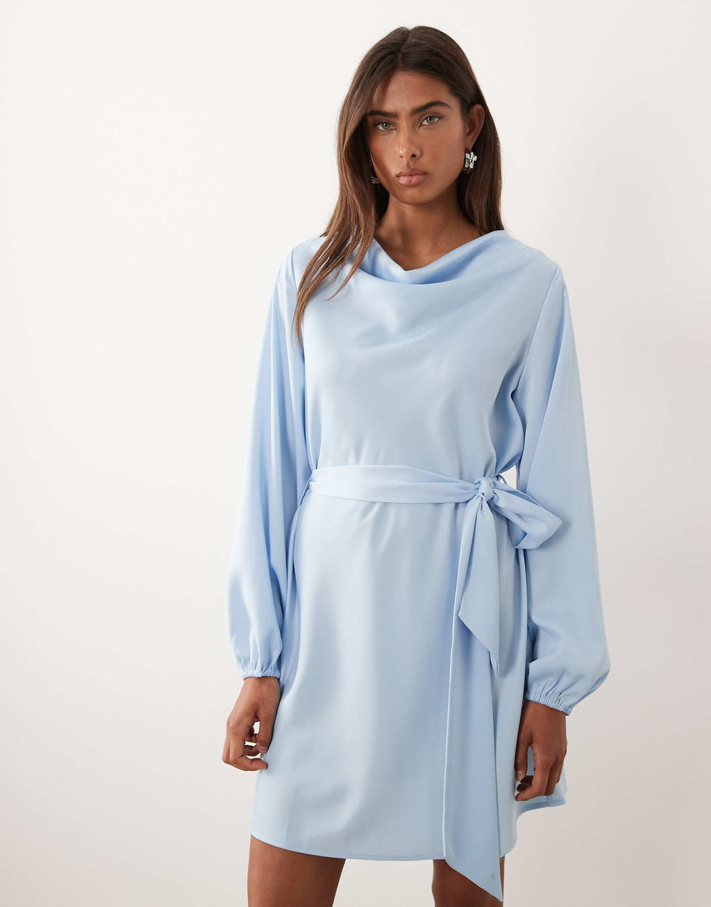 YAS high neck long sleeve satin mini dress in skyway blue