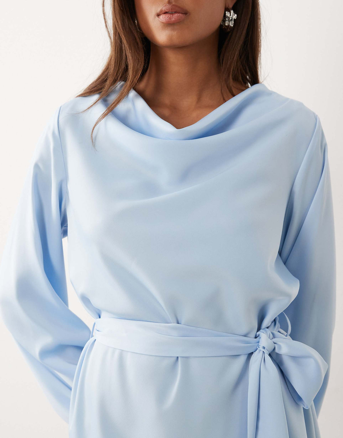 YAS high neck long sleeve satin mini dress in skyway blue