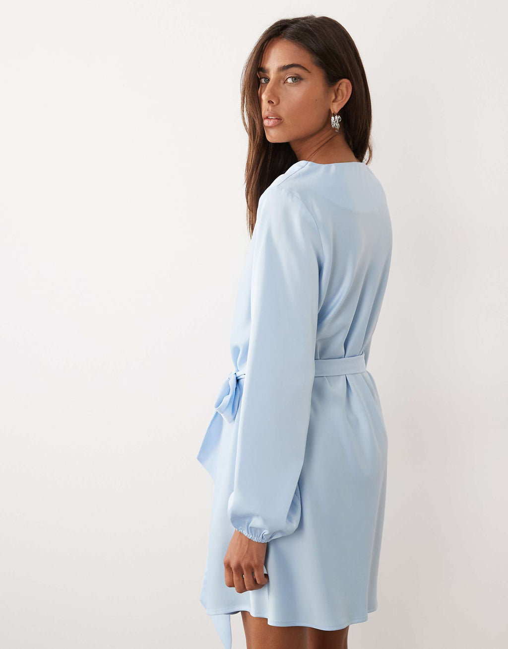 YAS high neck long sleeve satin mini dress in skyway blue