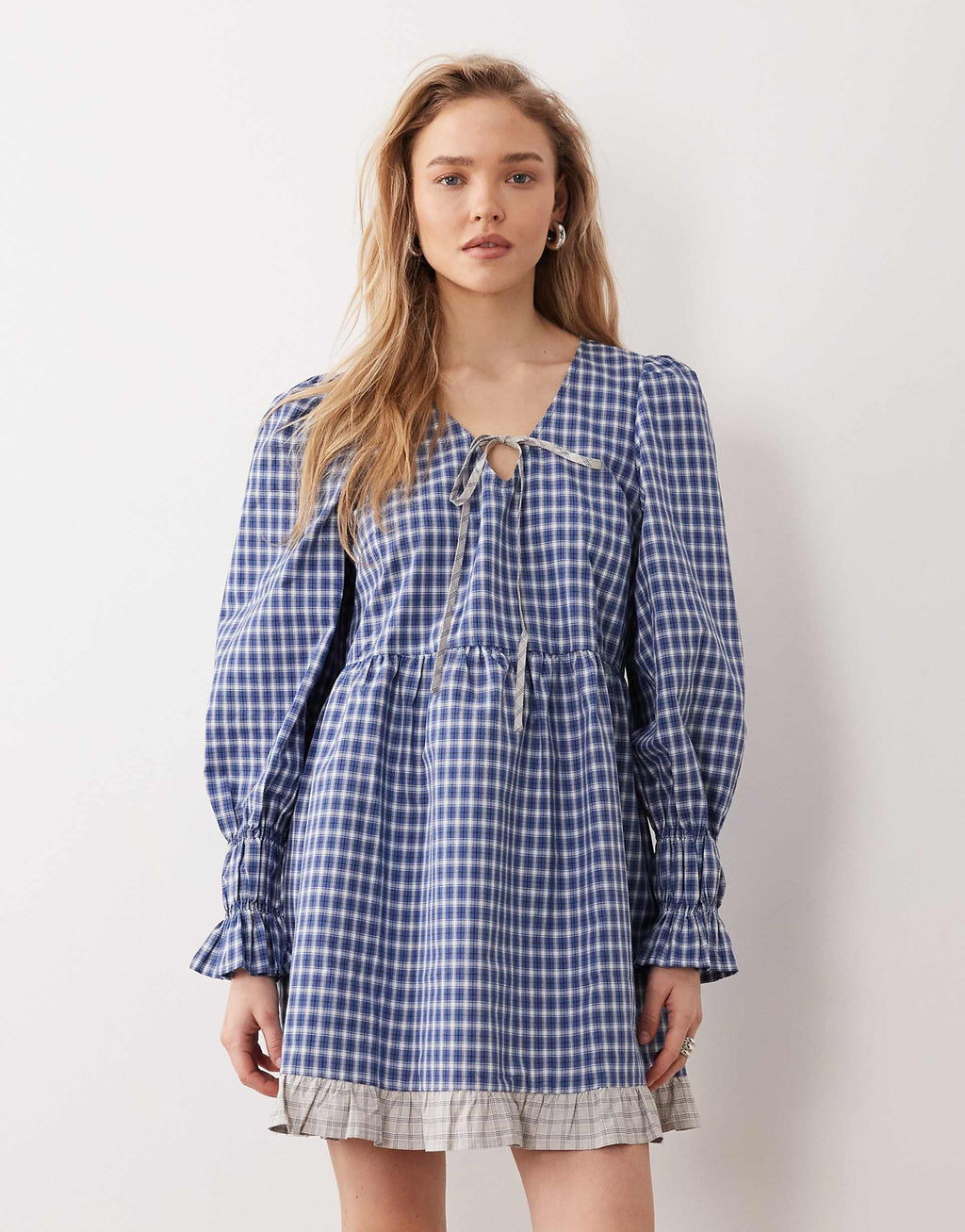 YAS tie front mini dress in blue and white gingham print