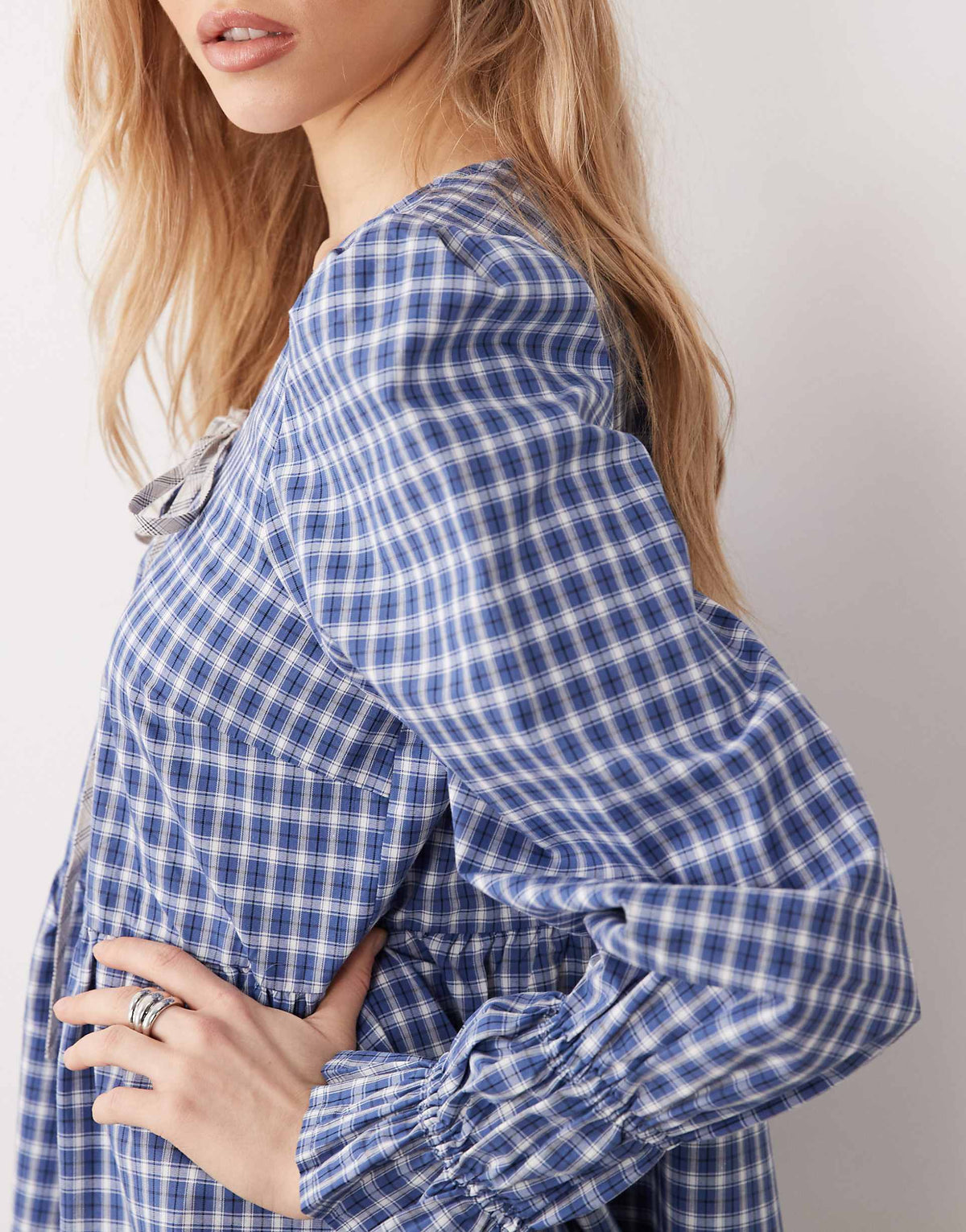 YAS tie front mini dress in blue and white gingham print