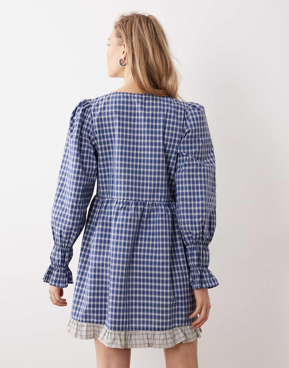 YAS tie front mini dress in blue and white gingham print