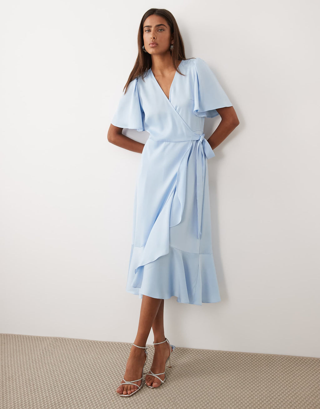 YAS satin wrap midi dress in light blue
