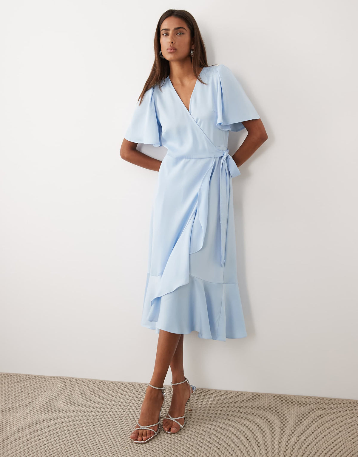 YAS satin wrap midi dress in light blue