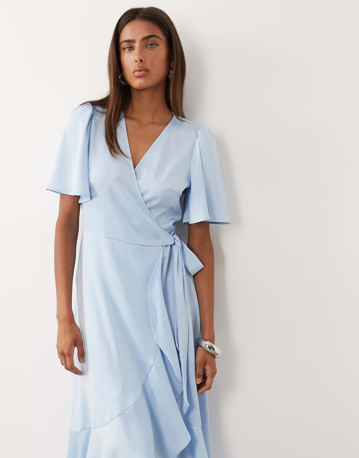 YAS satin wrap midi dress in light blue