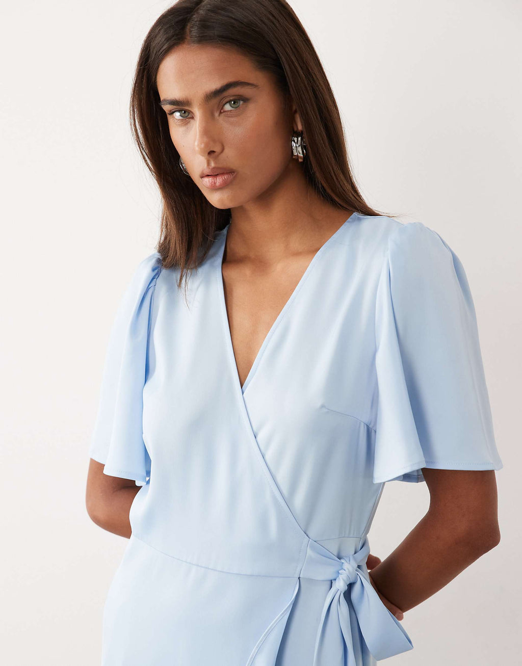 YAS satin wrap midi dress in light blue