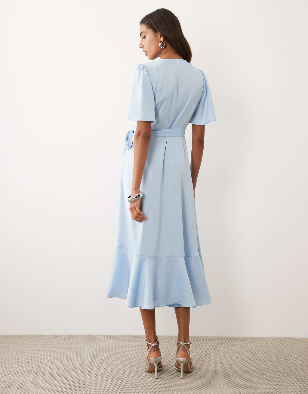 YAS satin wrap midi dress in light blue