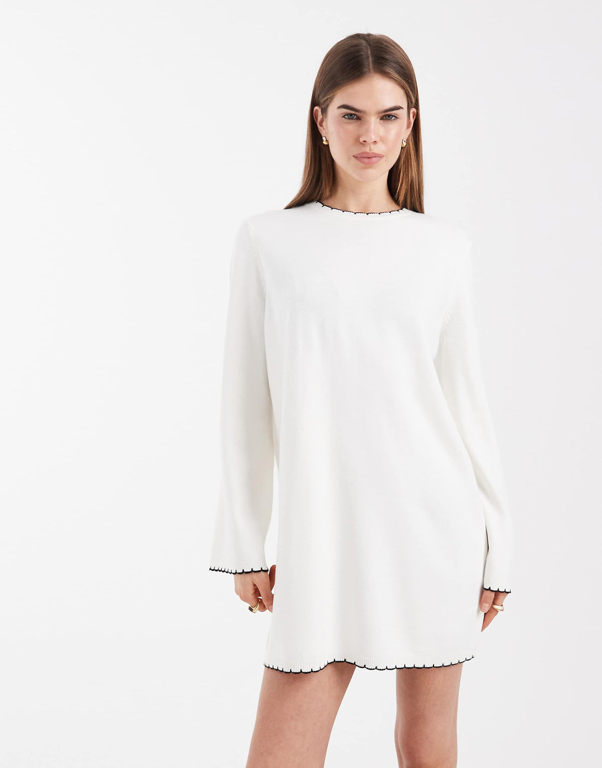 Miss Selfridge blanket stitch dress in cream with black tipping