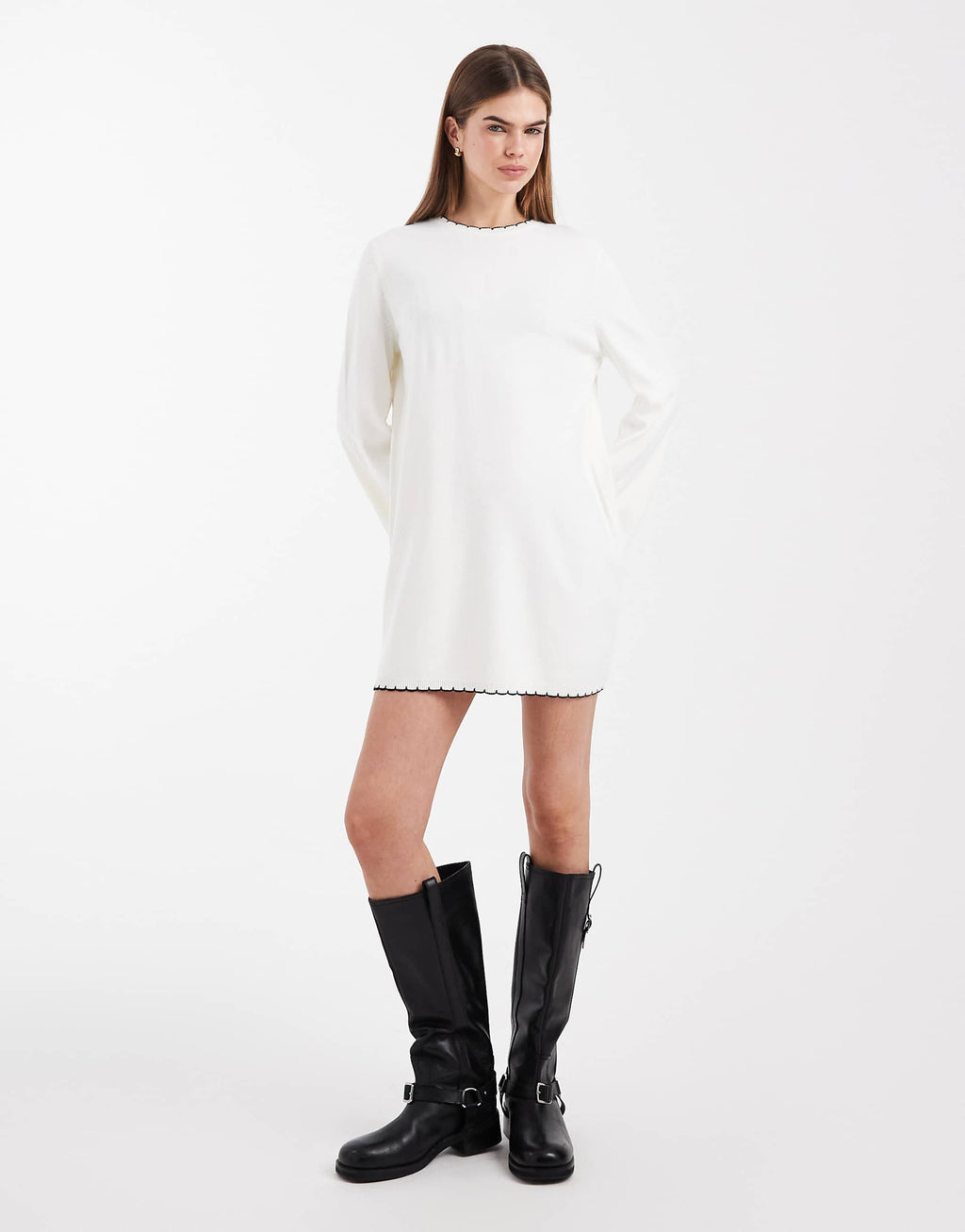 Miss Selfridge blanket stitch dress in cream with black tipping
