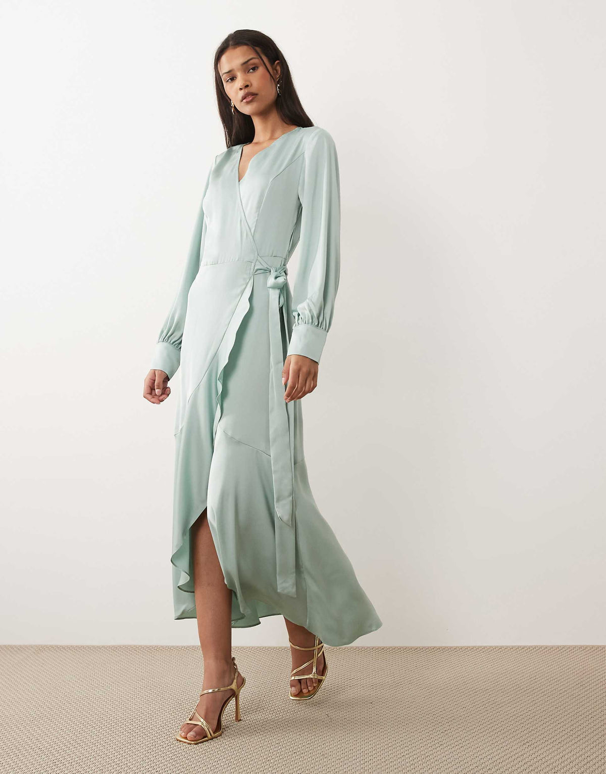 VILA long sleeve satin wrap midi dress in green milieu