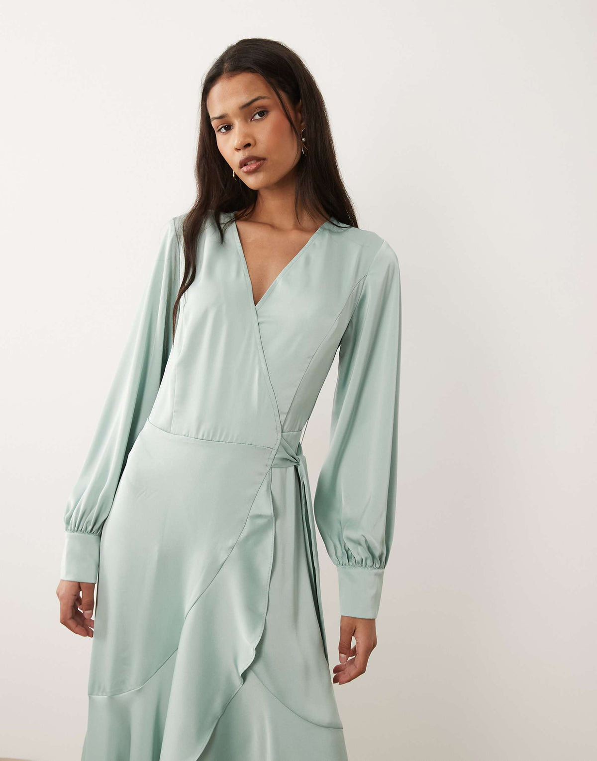 VILA long sleeve satin wrap midi dress in green milieu