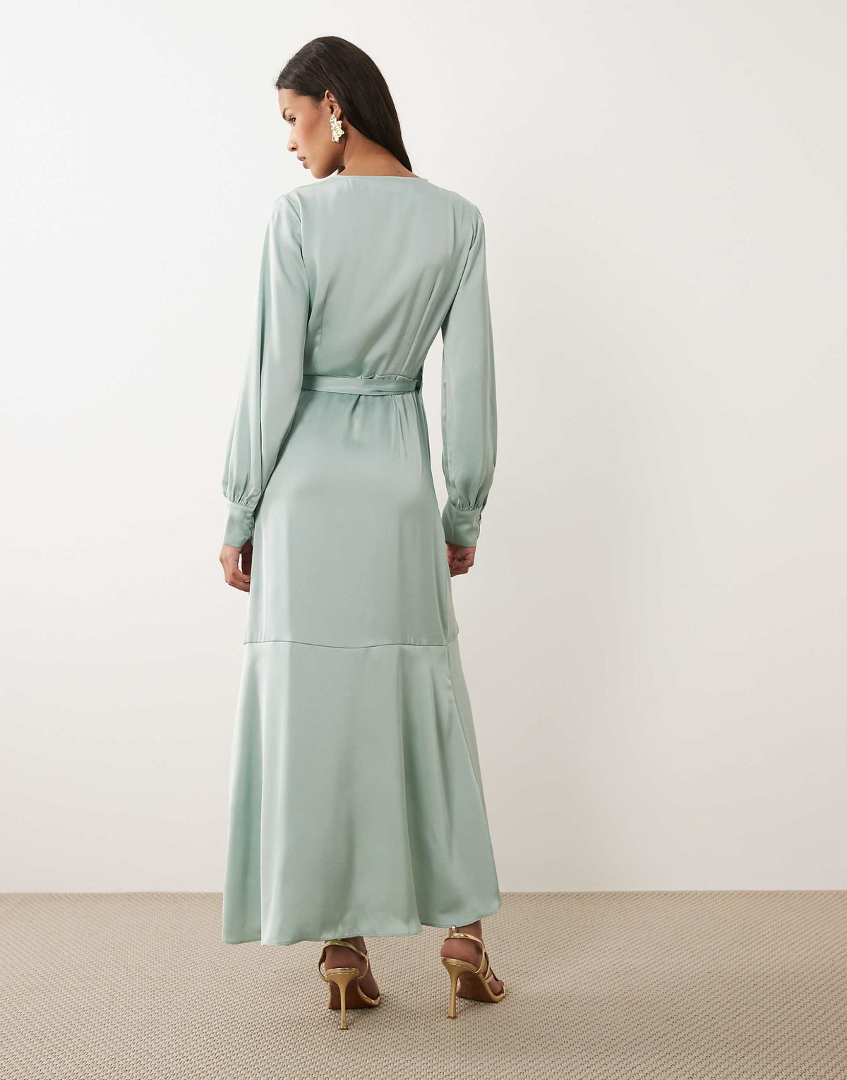 VILA long sleeve satin wrap midi dress in green milieu